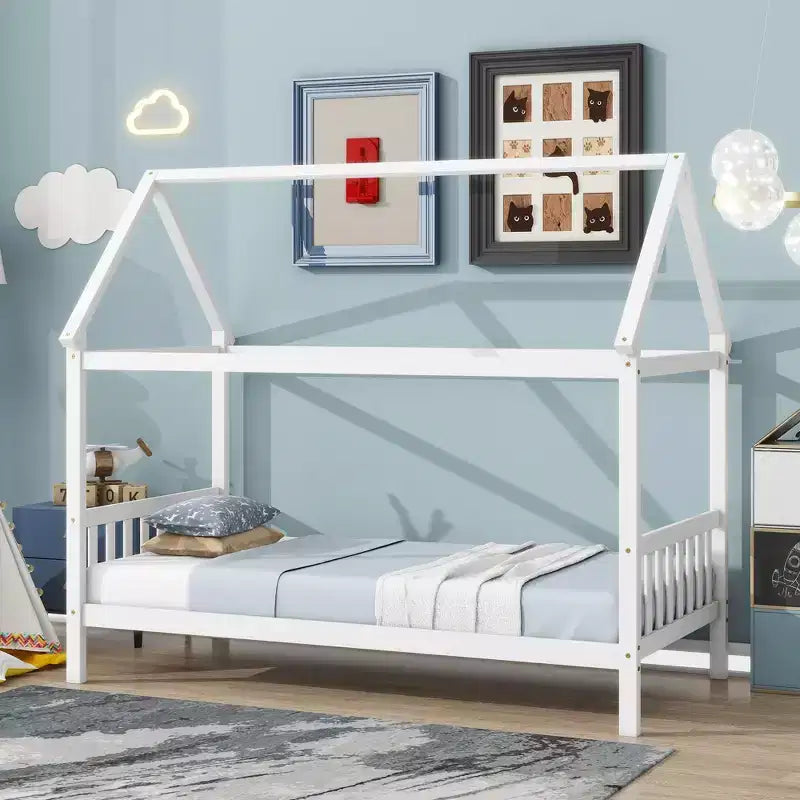 Twin Size House Bed Kid Bed Frame with Headboard & Footboard, Rubber Wood Frame - ModernLuxe
