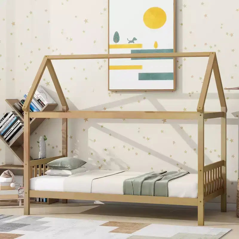 Twin Size House Bed Kid Bed Frame with Headboard & Footboard, Rubber Wood Frame - ModernLuxe