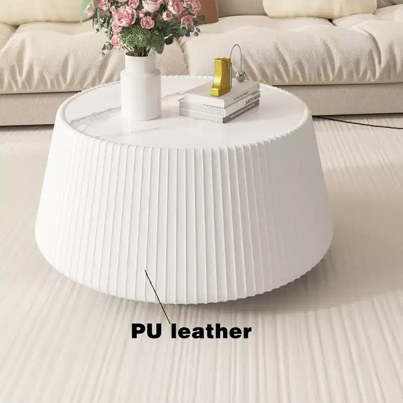 Round-Shaped Leather Coffee Table with Sintered Stone Top and Microfiber Leather Wrap