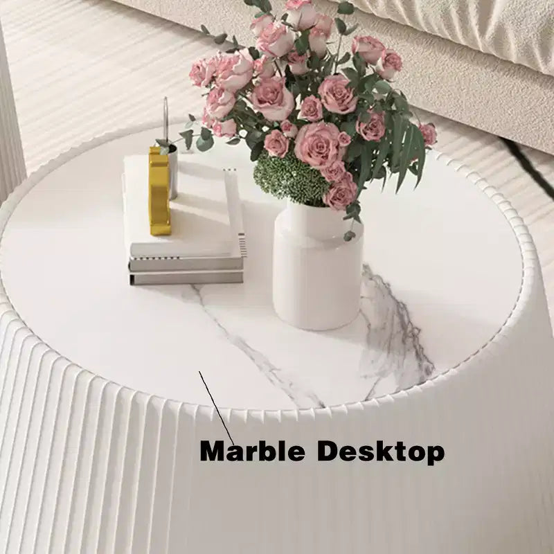 Round-Shaped Leather Coffee Table with Sintered Stone Top and Microfiber Leather Wrap