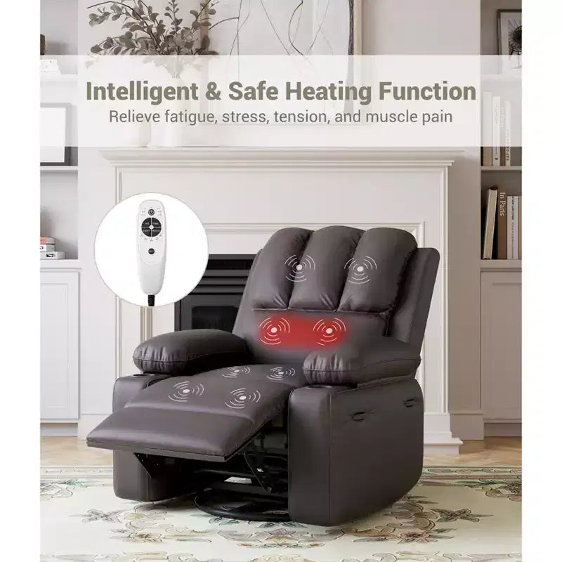 Extra-large recliner for living room PU leather swivel rocking chair with massage and heating functions, cup holder, side pockets