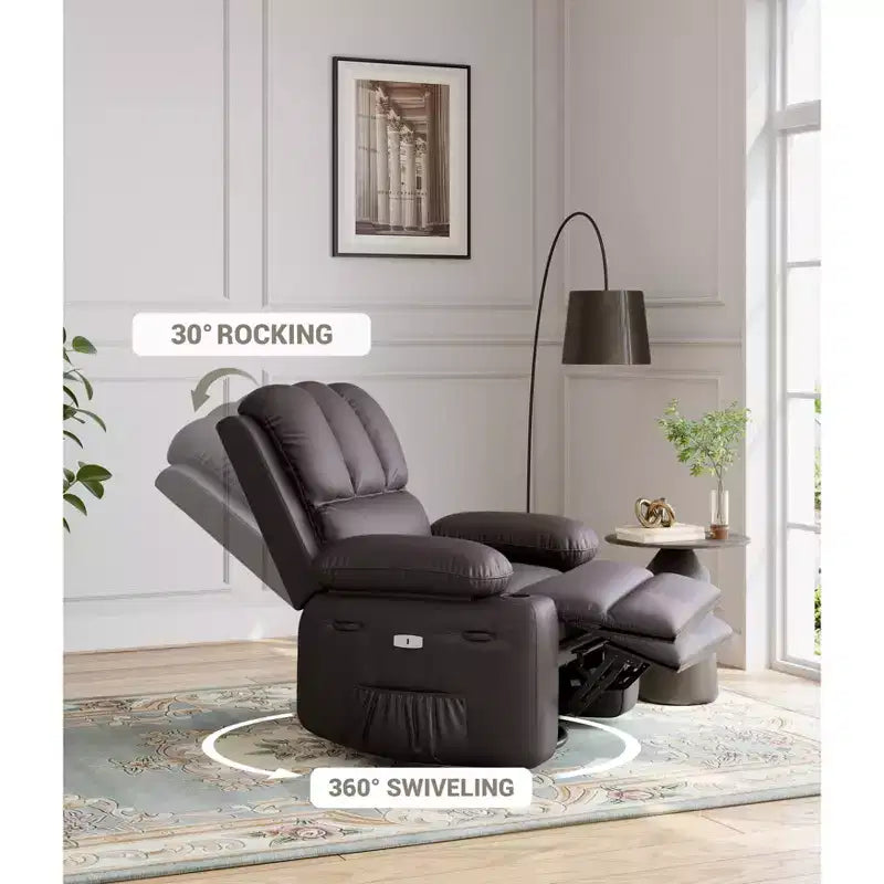Extra-large recliner for living room PU leather swivel rocking chair with massage and heating functions, cup holder, side pockets