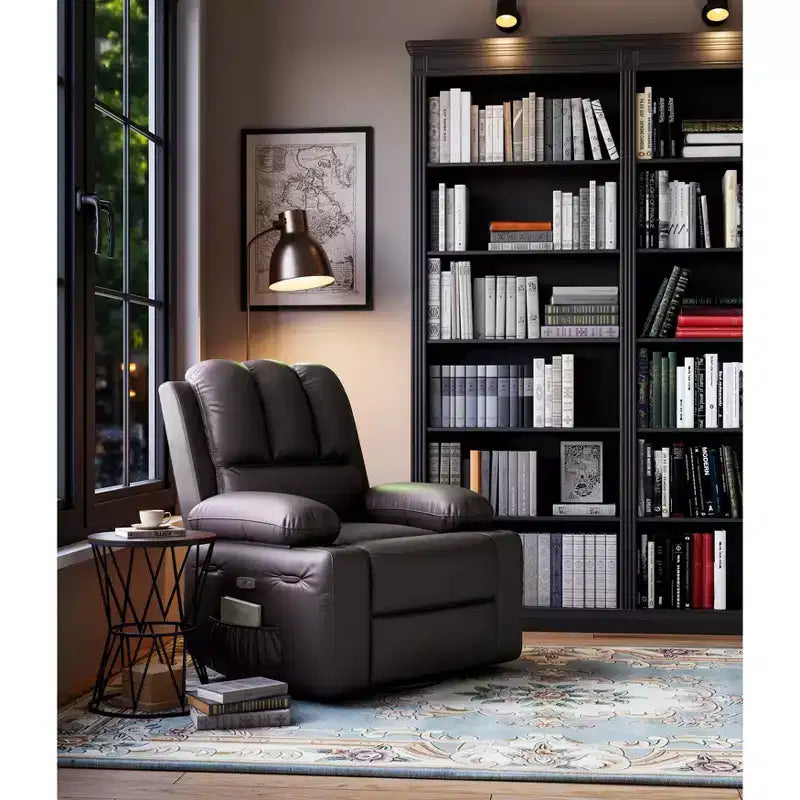 Extra-large recliner for living room PU leather swivel rocking chair with massage and heating functions, cup holder, side pockets