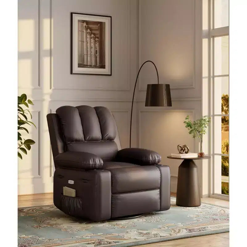 Extra-large recliner for living room PU leather swivel rocking chair with massage and heating functions, cup holder, side pockets