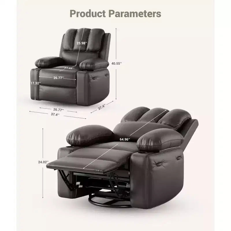 Extra-large recliner for living room PU leather swivel rocking chair with massage and heating functions, cup holder, side pockets