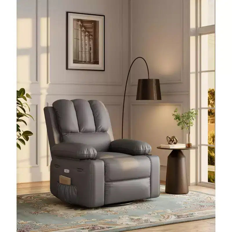 Extra-large recliner for living room PU leather swivel rocking chair with massage and heating functions, cup holder, side pockets