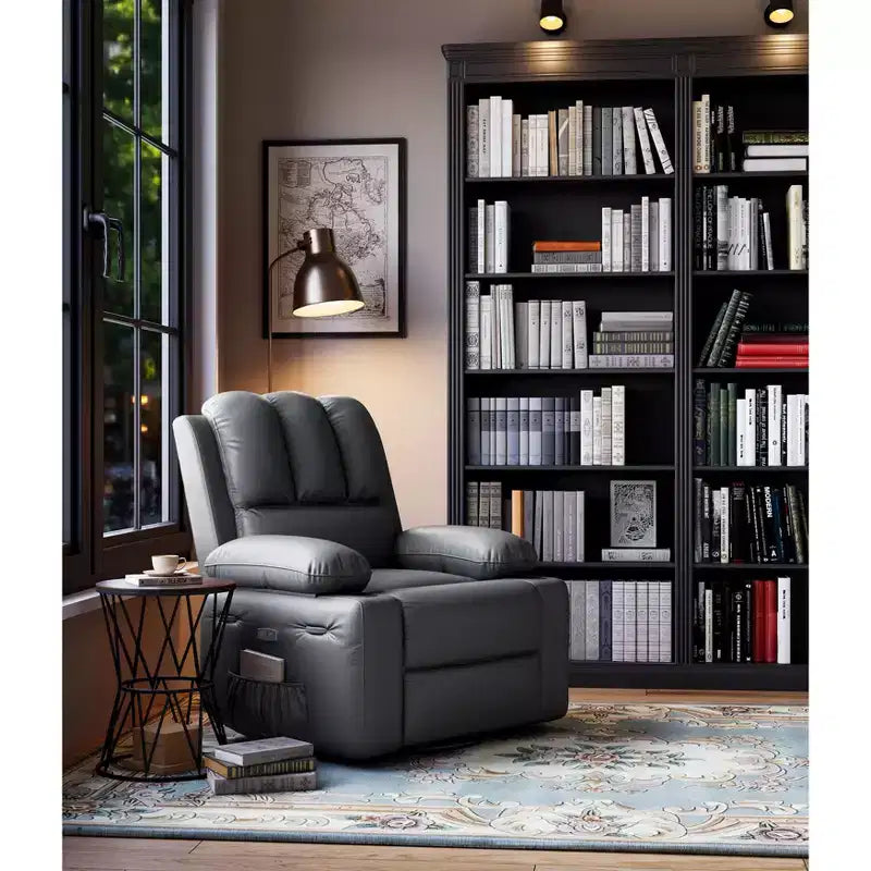 Extra-large recliner for living room PU leather swivel rocking chair with massage and heating functions, cup holder, side pockets