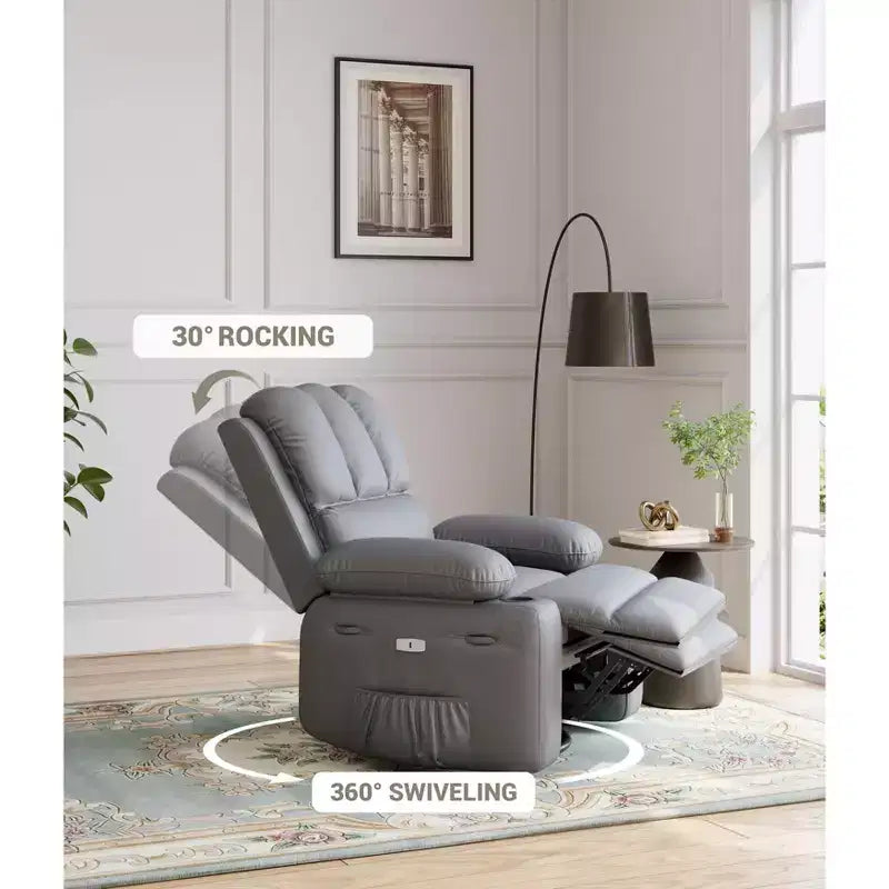 Extra-large recliner for living room PU leather swivel rocking chair with massage and heating functions, cup holder, side pockets