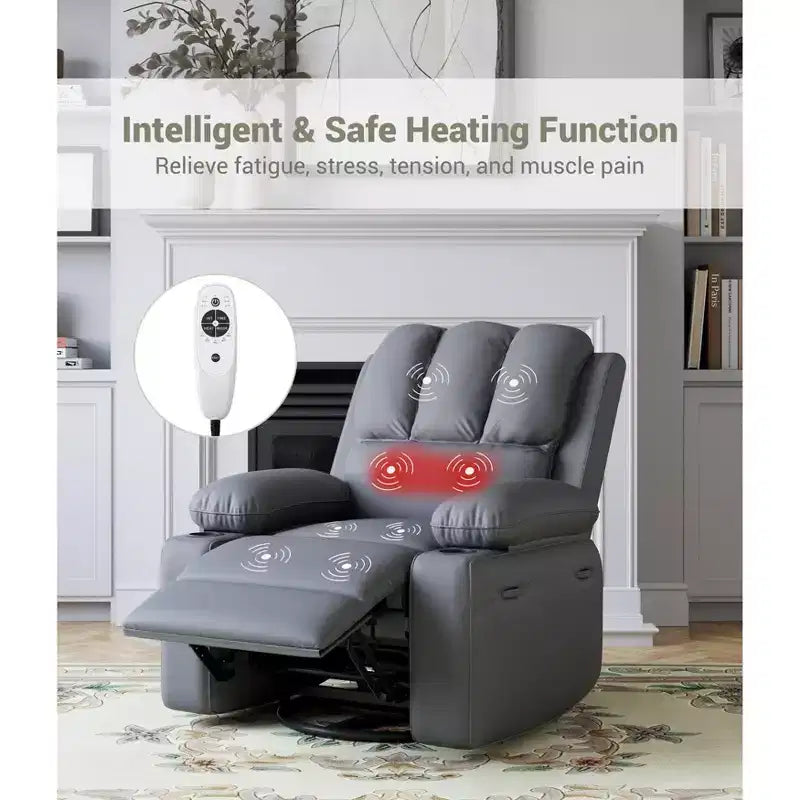 Extra-large recliner for living room PU leather swivel rocking chair with massage and heating functions, cup holder, side pockets