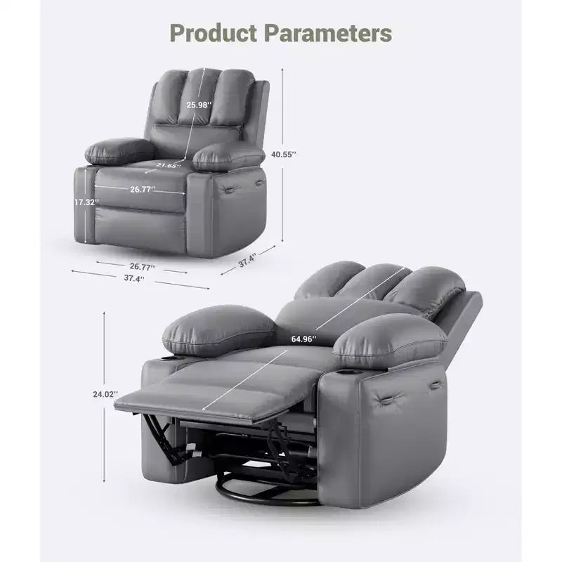 Extra-large recliner for living room PU leather swivel rocking chair with massage and heating functions, cup holder, side pockets