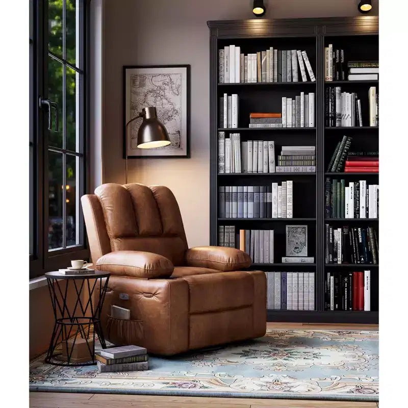 Extra-large recliner for living room PU leather swivel rocking chair with massage and heating functions, cup holder, side pockets