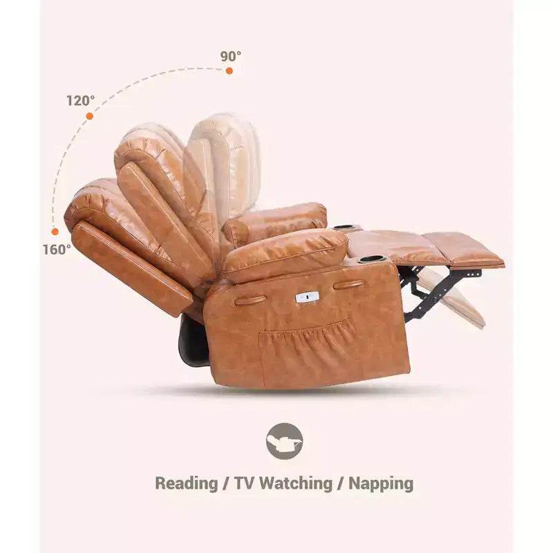 Extra-large recliner for living room PU leather swivel rocking chair with massage and heating functions, cup holder, side pockets