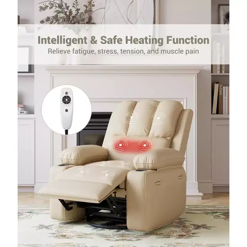 Extra-large recliner for living room PU leather swivel rocking chair with massage and heating functions, cup holder, side pockets