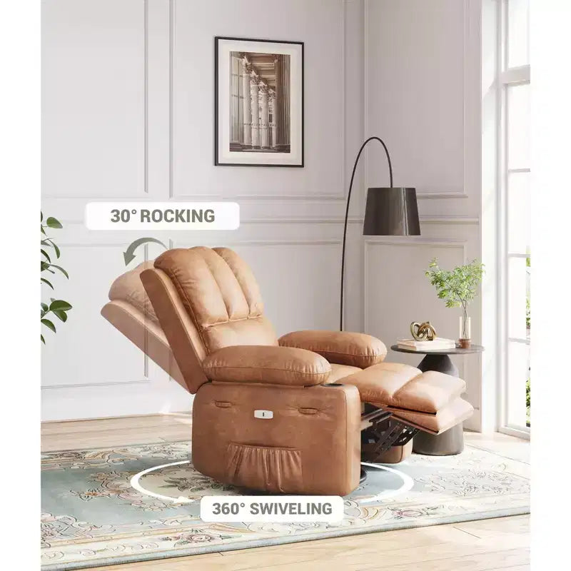 Extra-large recliner for living room PU leather swivel rocking chair with massage and heating functions, cup holder, side pockets