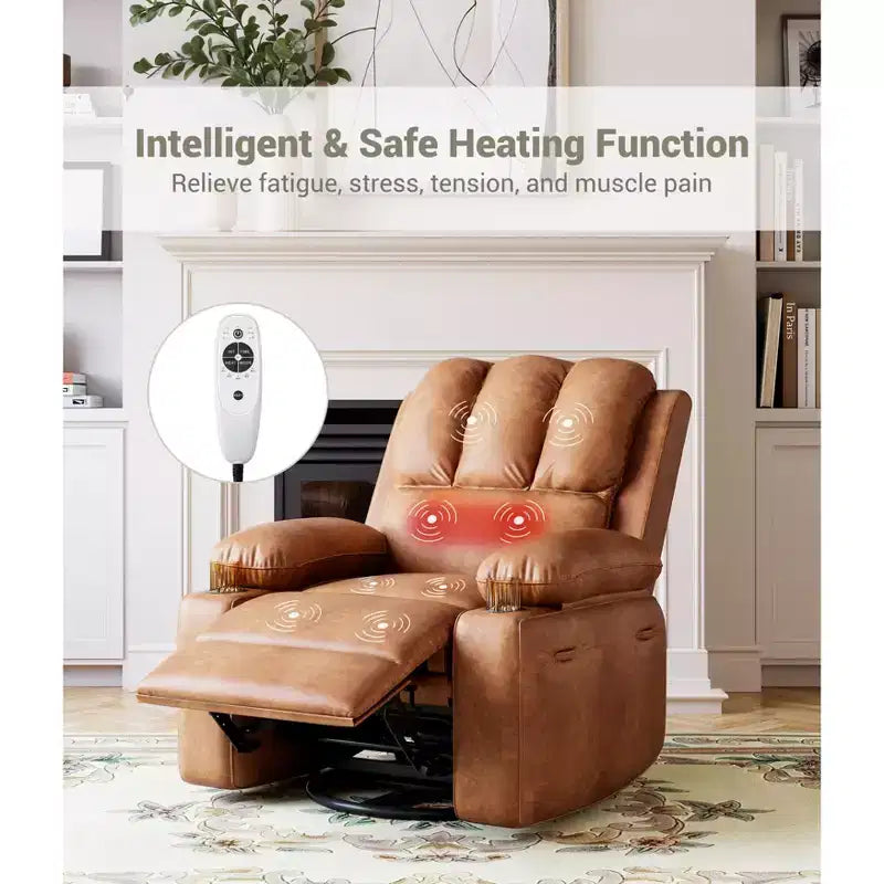 Extra-large recliner for living room PU leather swivel rocking chair with massage and heating functions, cup holder, side pockets