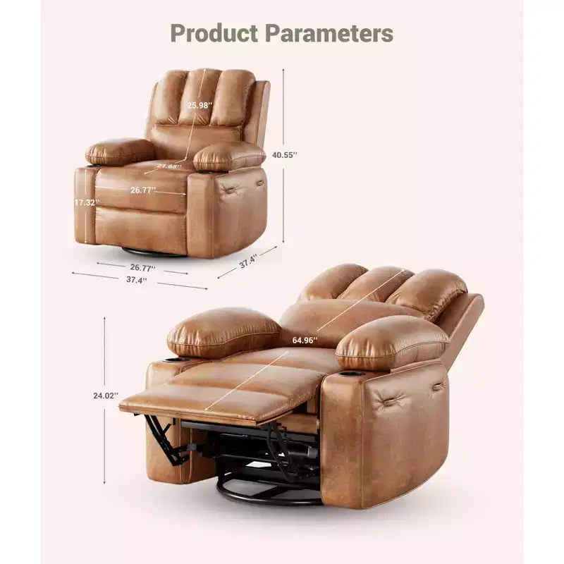 Extra-large recliner for living room PU leather swivel rocking chair with massage and heating functions, cup holder, side pockets
