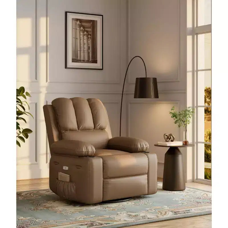 Extra-large recliner for living room PU leather swivel rocking chair with massage and heating functions, cup holder, side pockets