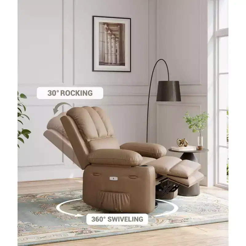 Extra-large recliner for living room PU leather swivel rocking chair with massage and heating functions, cup holder, side pockets
