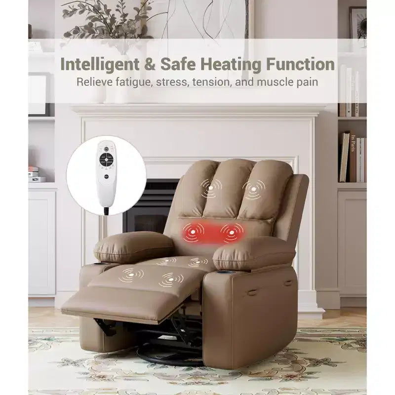 Extra-large recliner for living room PU leather swivel rocking chair with massage and heating functions, cup holder, side pockets