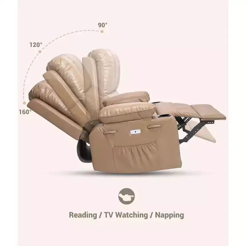 Extra-large recliner for living room PU leather swivel rocking chair with massage and heating functions, cup holder, side pockets