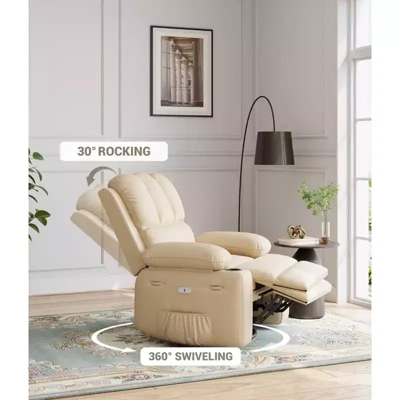 Extra-large recliner for living room PU leather swivel rocking chair with massage and heating functions, cup holder, side pockets