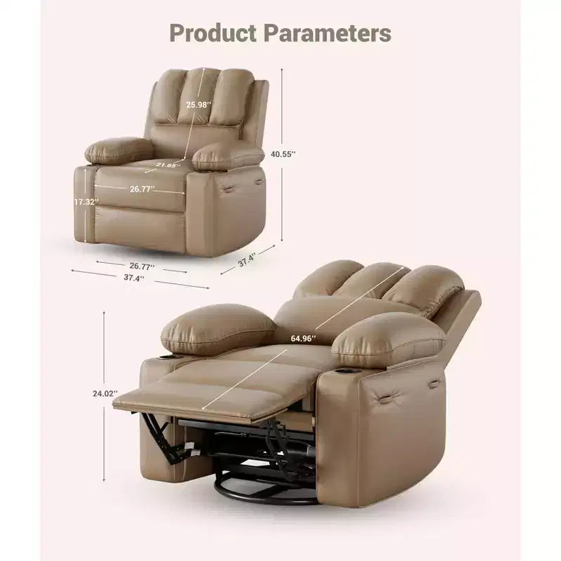 Extra-large recliner for living room PU leather swivel rocking chair with massage and heating functions, cup holder, side pockets