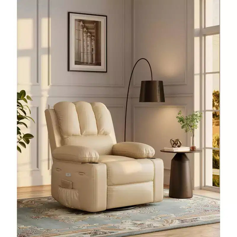 Extra-large recliner for living room PU leather swivel rocking chair with massage and heating functions, cup holder, side pockets