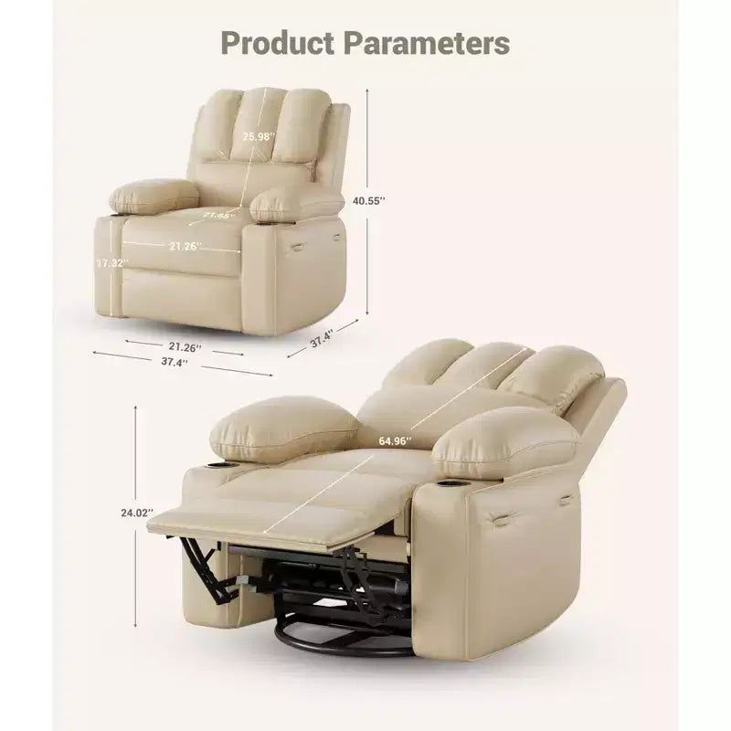 Extra-large recliner for living room PU leather swivel rocking chair with massage and heating functions, cup holder, side pockets