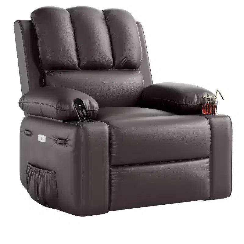 Extra-large recliner for living room PU leather swivel rocking chair with massage and heating functions, cup holder, side pockets