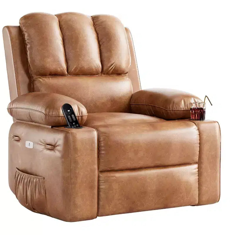 Extra-large recliner for living room PU leather swivel rocking chair with massage and heating functions, cup holder, side pockets