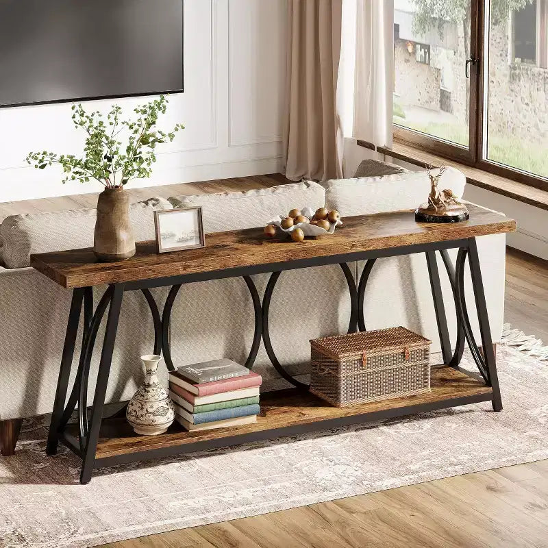 Lantine 71-Inch Long Entryway Console Table, 2-Tier Industrial Sofa Table Behind Couch for Living Room, Entrance, Hallway, Brown & Black