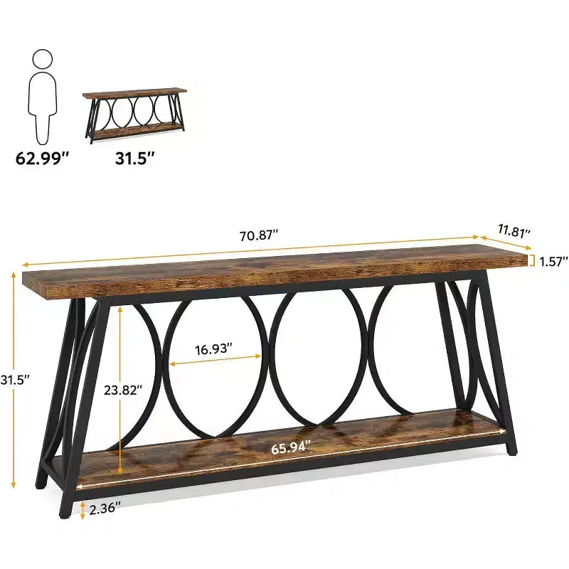 Lantine 71-Inch Long Entryway Console Table, 2-Tier Industrial Sofa Table Behind Couch for Living Room, Entrance, Hallway, Brown & Black