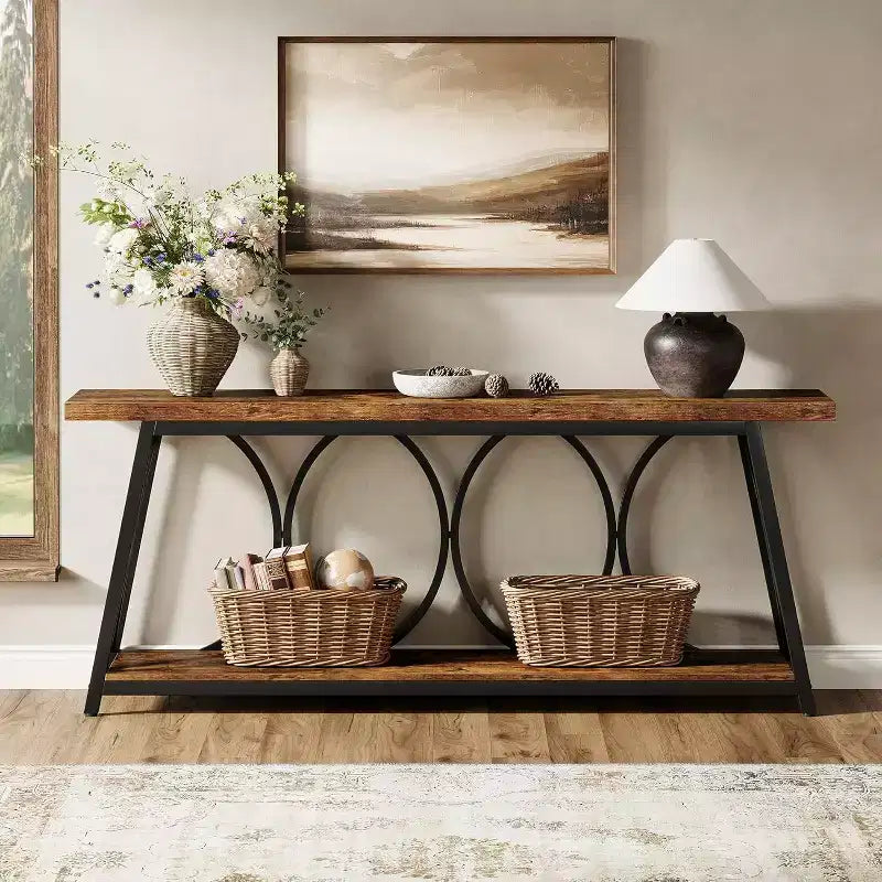 Lantine 71-Inch Long Entryway Console Table, 2-Tier Industrial Sofa Table Behind Couch for Living Room, Entrance, Hallway, Brown & Black