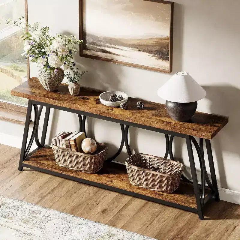 Lantine 71-Inch Long Entryway Console Table, 2-Tier Industrial Sofa Table Behind Couch for Living Room, Entrance, Hallway, Brown & Black