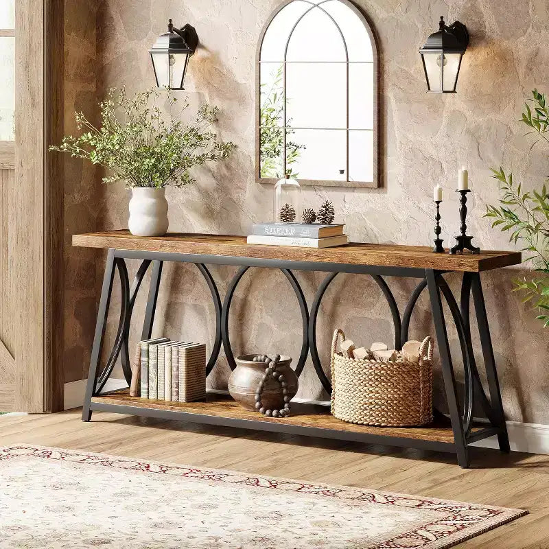 Lantine 71-Inch Long Entryway Console Table, 2-Tier Industrial Sofa Table Behind Couch for Living Room, Entrance, Hallway, Brown & Black