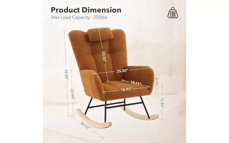 Modern Upholstered Rocking Chair Set of 2 High Backrest with Side Pocket for Living Room/Bedroom/Nursery/Office