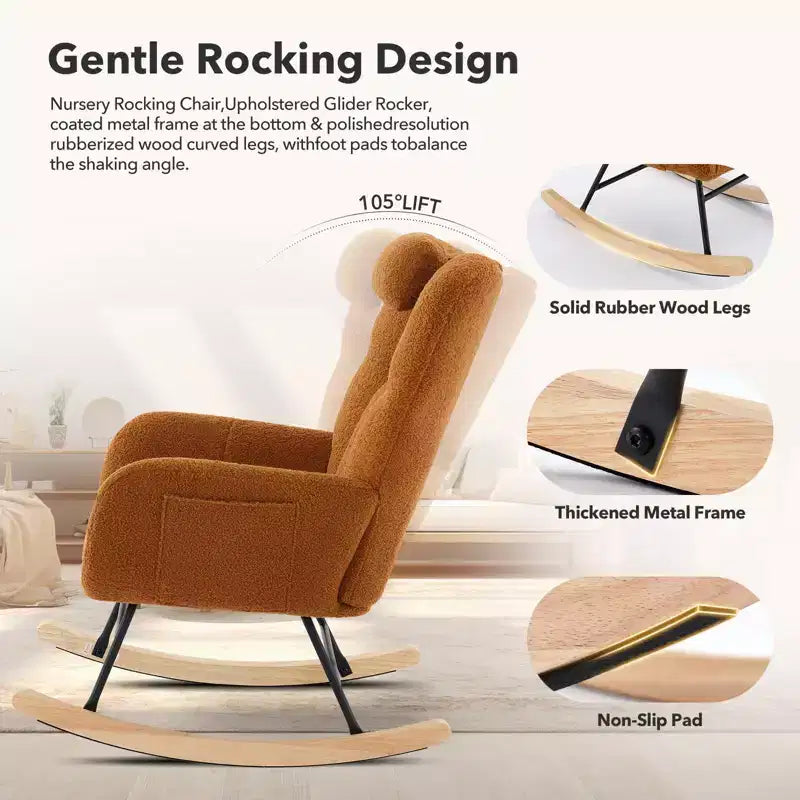 Modern Upholstered Rocking Chair Set of 2 High Backrest with Side Pocket for Living Room/Bedroom/Nursery/Office
