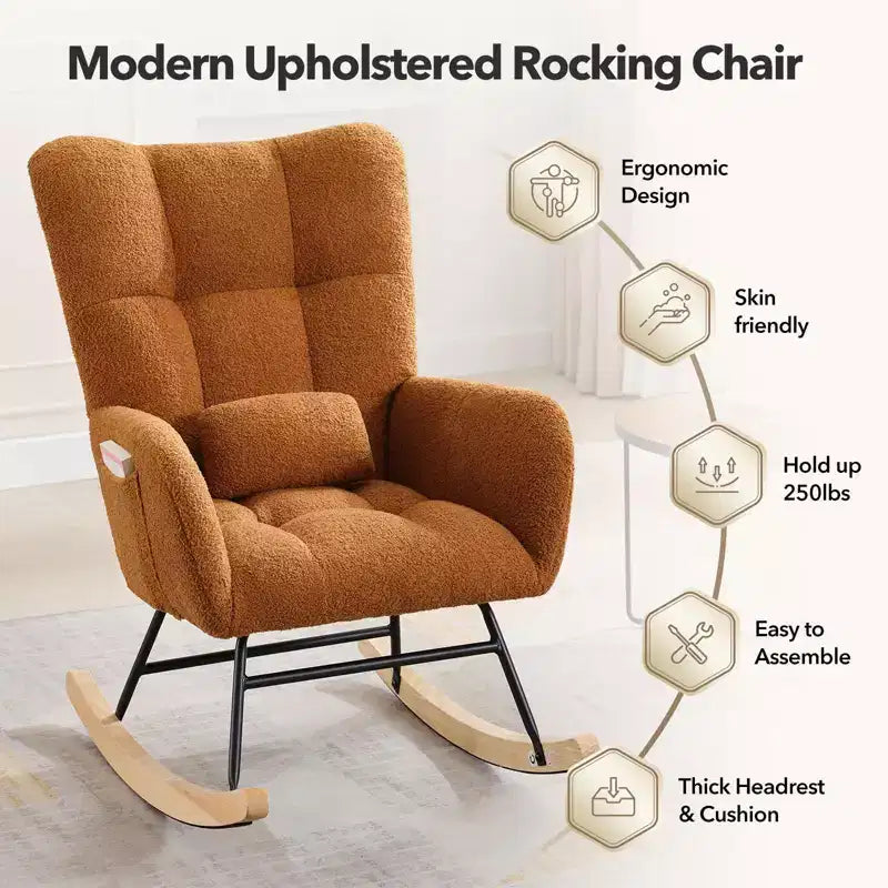 Modern Upholstered Rocking Chair Set of 2 High Backrest with Side Pocket for Living Room/Bedroom/Nursery/Office