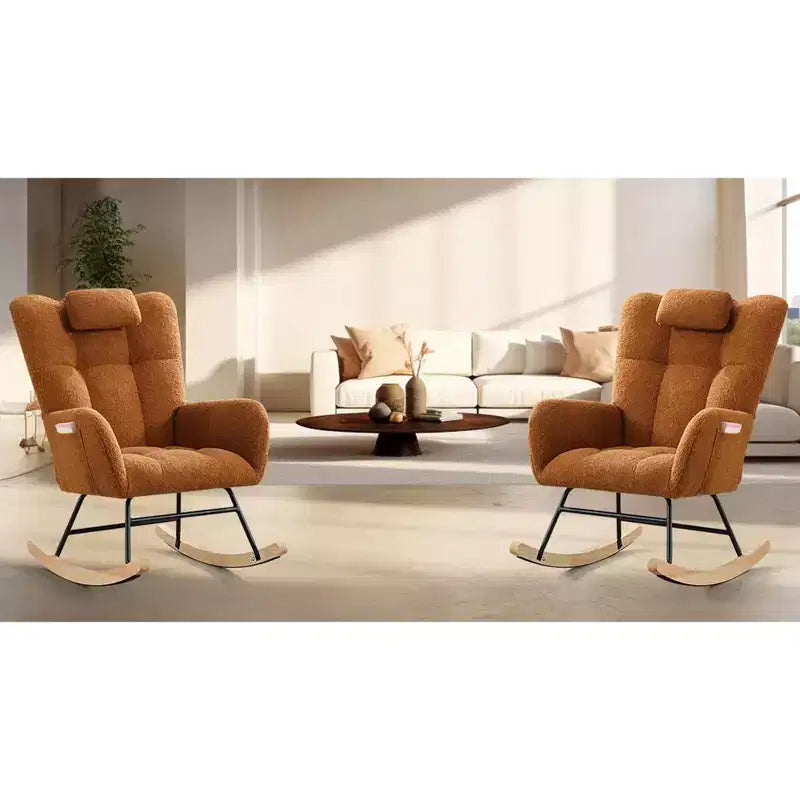 Modern Upholstered Rocking Chair Set of 2 High Backrest with Side Pocket for Living Room/Bedroom/Nursery/Office