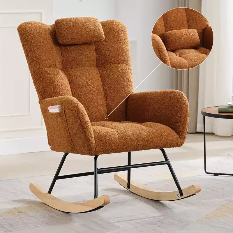 Modern Upholstered Rocking Chair Set of 2 High Backrest with Side Pocket for Living Room/Bedroom/Nursery/Office