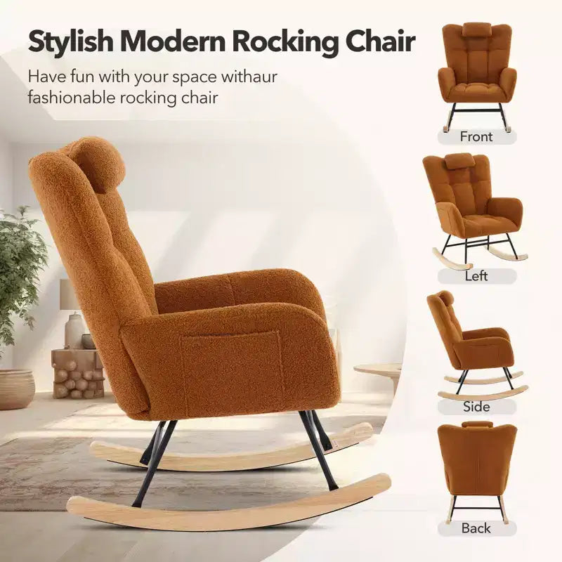 Modern Upholstered Rocking Chair Set of 2 High Backrest with Side Pocket for Living Room/Bedroom/Nursery/Office