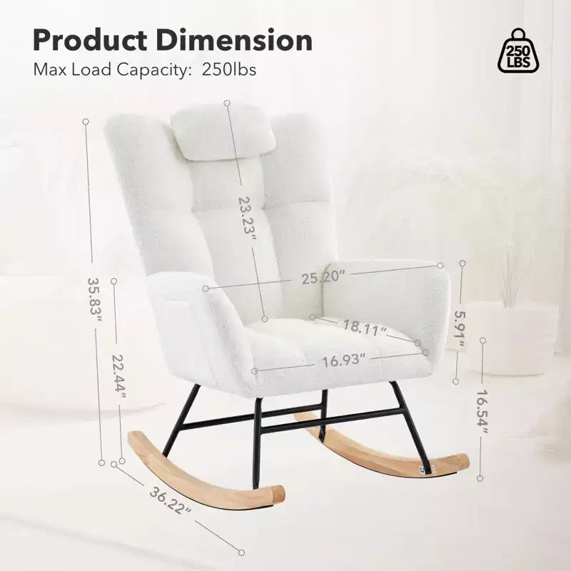 Modern Upholstered Rocking Chair Set of 2 High Backrest with Side Pocket for Living Room/Bedroom/Nursery/Office