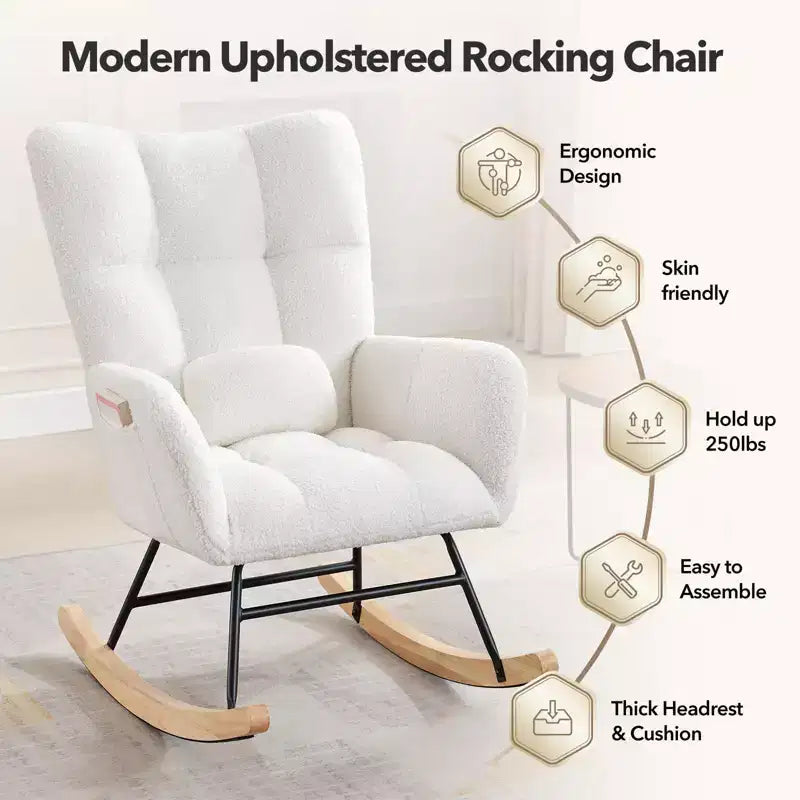 Modern Upholstered Rocking Chair Set of 2 High Backrest with Side Pocket for Living Room/Bedroom/Nursery/Office