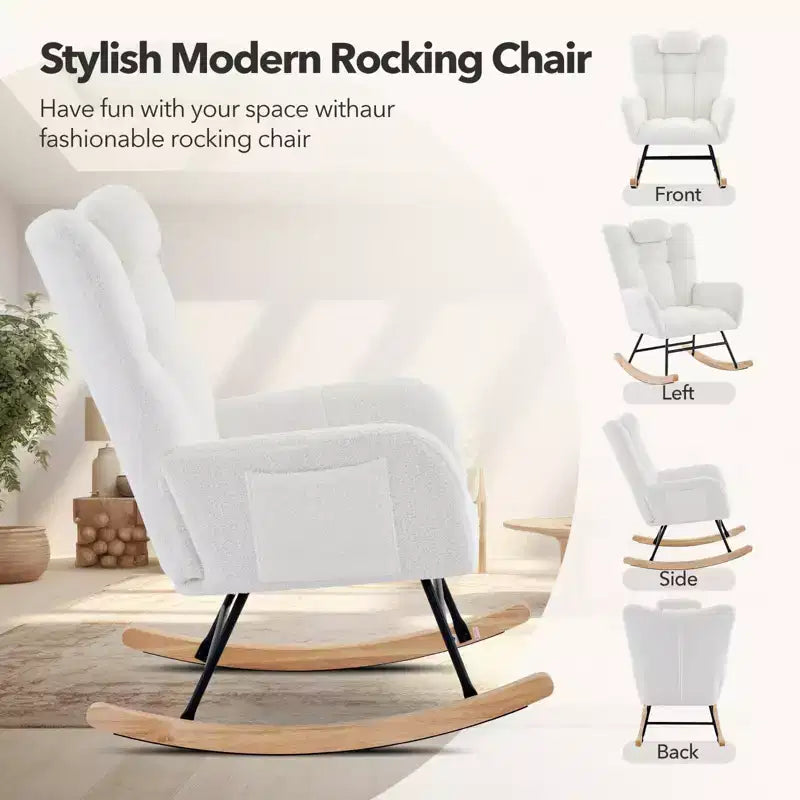 Modern Upholstered Rocking Chair Set of 2 High Backrest with Side Pocket for Living Room/Bedroom/Nursery/Office