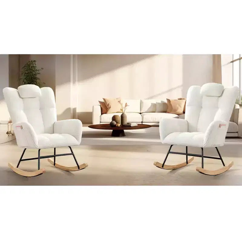 Modern Upholstered Rocking Chair Set of 2 High Backrest with Side Pocket for Living Room/Bedroom/Nursery/Office