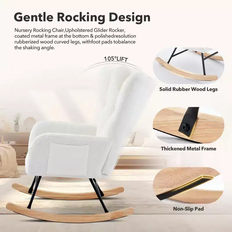 Modern Upholstered Rocking Chair Set of 2 High Backrest with Side Pocket for Living Room/Bedroom/Nursery/Office