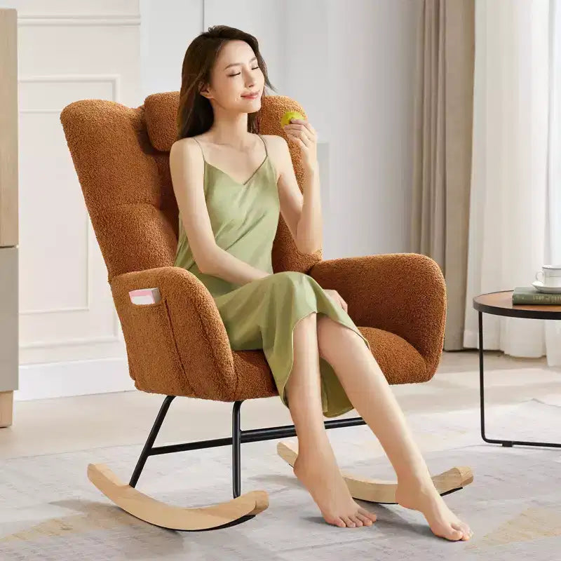 Modern Upholstered Rocking Chair Set of 2 High Backrest with Side Pocket for Living Room/Bedroom/Nursery/Office
