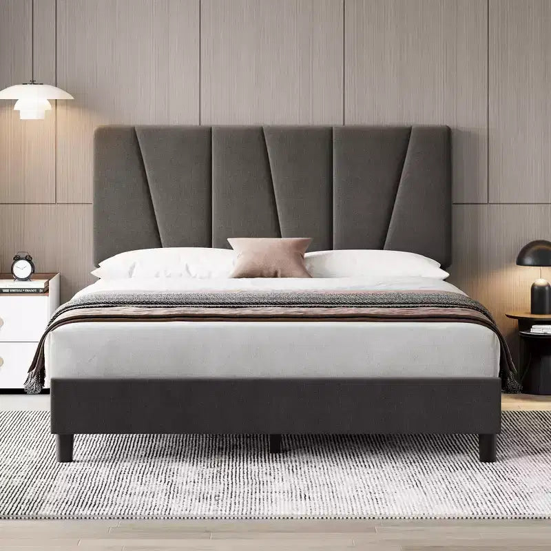 Acekool Upholstered Platform Bed Frame with Adjustable Velvet Headboard, Wood Slats, Strong Metal Support, No Box Spring Needed