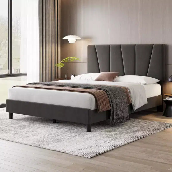 Acekool Upholstered Platform Bed Frame with Adjustable Velvet Headboard, Wood Slats, Strong Metal Support, No Box Spring Needed