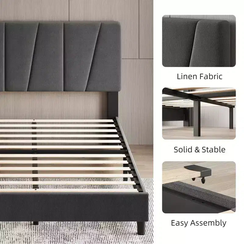 Acekool Upholstered Platform Bed Frame with Adjustable Velvet Headboard, Wood Slats, Strong Metal Support, No Box Spring Needed